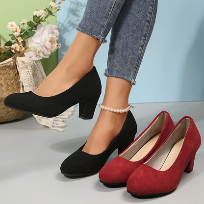 Elegant Pumps for Women Block-Heel Round-Toe Suede