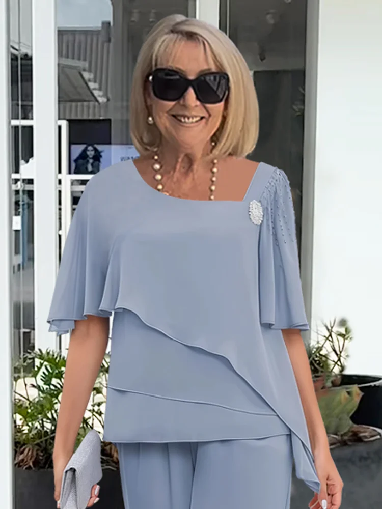 Elegant Two-Piece Set for Women Ruffle-Sleeve Wide-Leg