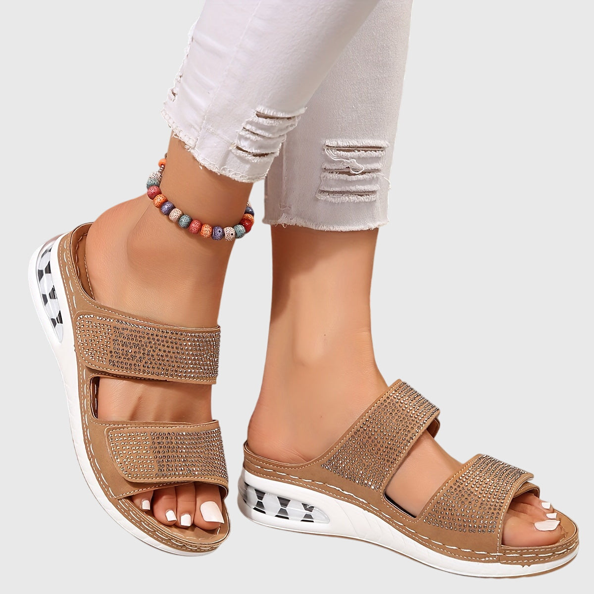 Comfortable Slide Sandals for Women Rhinestone Mesh Open-Toe
