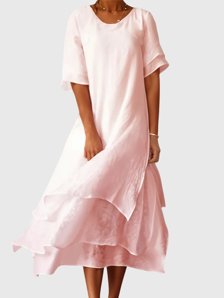 Elegant Midi Dress for Women Round-Neck Ruffle-Tiered