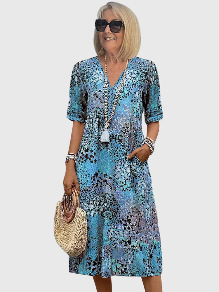 Elegant Midi Dress for Women Floral-Print V-Neck