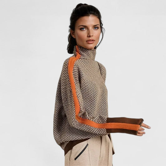 Elegant Turtleneck Sweater for Women Herringbone-Print Wrap Long-Sleeve