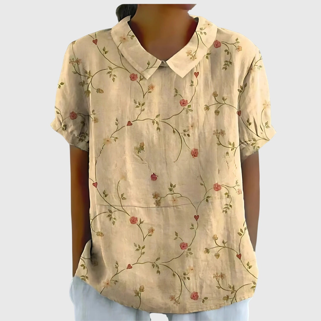 Elegant Blouse for Women Floral-Print Short-Sleeve Collared