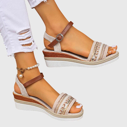 Comfortable Wedge Sandals for Women Embroidered Ankle-Strap Espadrille