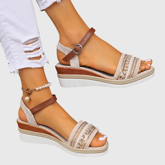Comfortable Wedge Sandals for Women Embroidered Ankle-Strap Espadrille