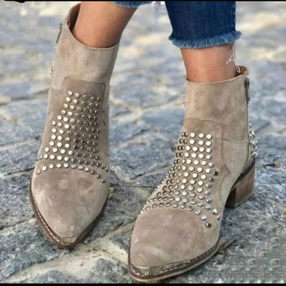 Stylish Ankle Boots for Women Studded Pointed-Toe Chunky-Heel