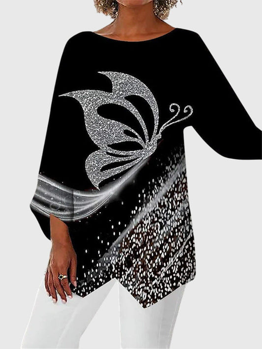 Stylish Blouse for Women Butterfly-Print Batwing-Sleeve Asymmetric-Hem