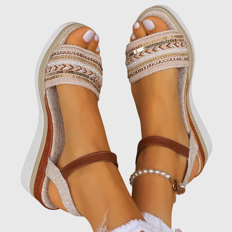 Comfortable Wedge Sandals for Women Embroidered Ankle-Strap Espadrille
