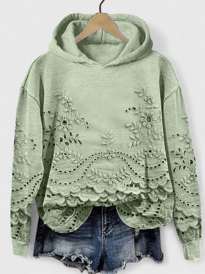 Comfortable Hoodie for Women Floral-Embroidered Eyelet Scalloped-Hem
