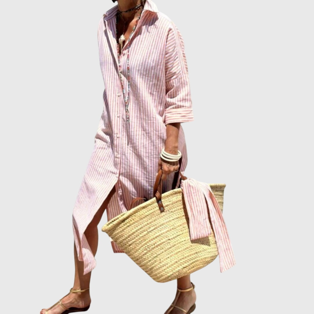 Elegant Shirt Dress for Women Striped Long-Sleeve