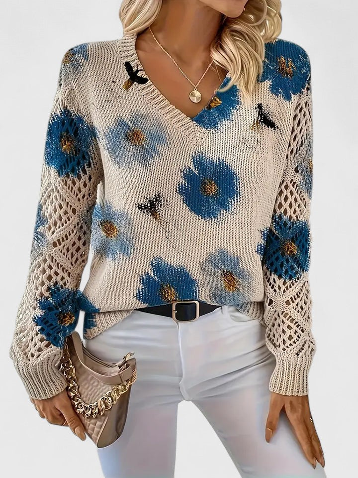 Elegant Pullover Sweater for Women V-Neck Floral-Crochet