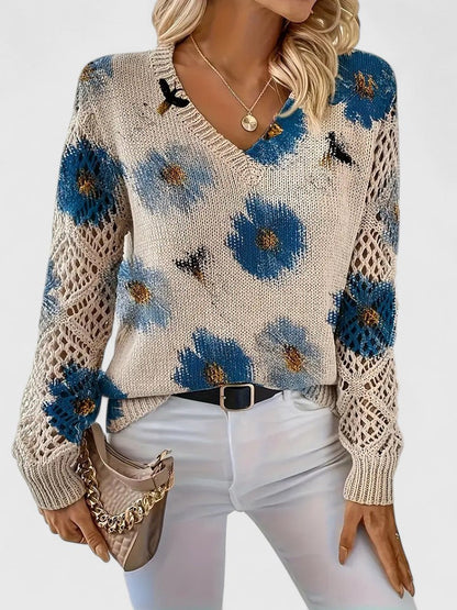 Elegant Pullover Sweater for Women V-Neck Floral-Crochet