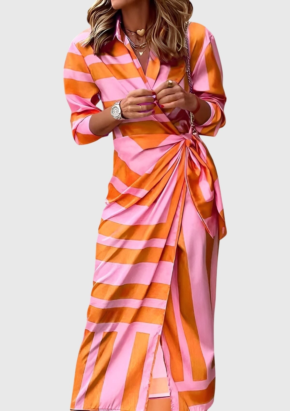 Elegant Wrap Dress for Women Collared Long-Sleeve Geometric-Print
