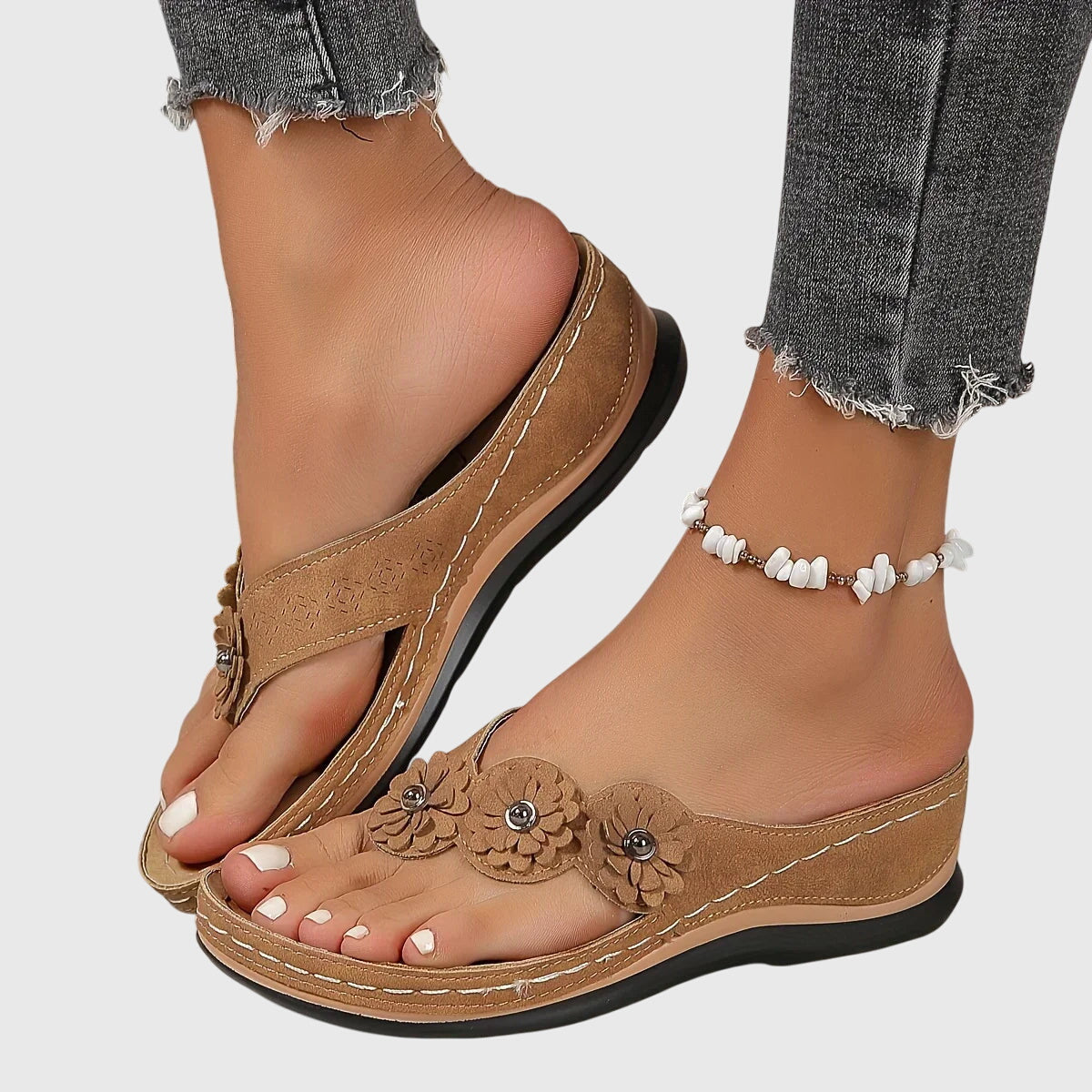 Comfortable Thong Sandals for Women Floral-Appliqué Wedge Slip-On