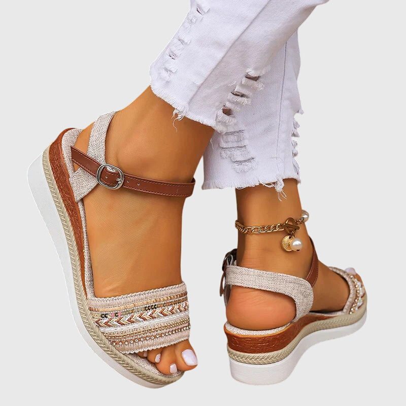 Comfortable Wedge Sandals for Women Embroidered Ankle-Strap Espadrille
