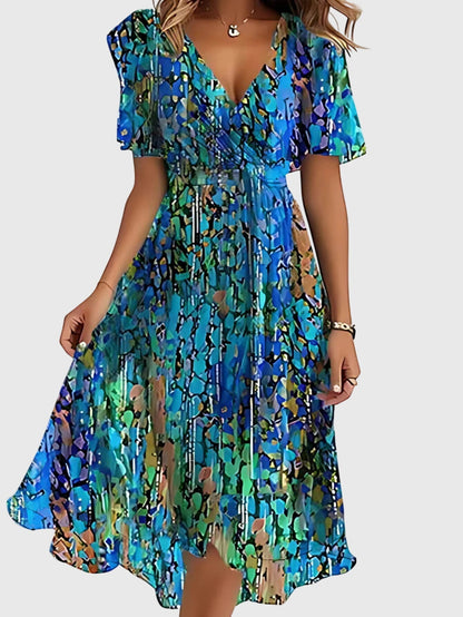 Elegant Wrap Midi Dress for Women V-Neck Floral-Print