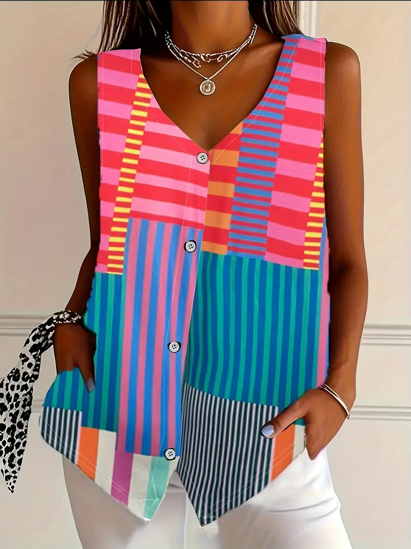Stylish Blouse for Women Zebra-Print Sleeveless Button-Front