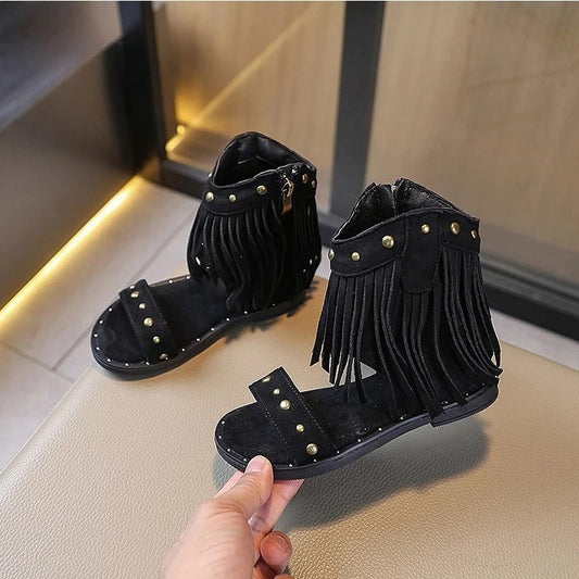 Stylish Fringe Sandals for Women Studded Ankle-Strap Zip-Up