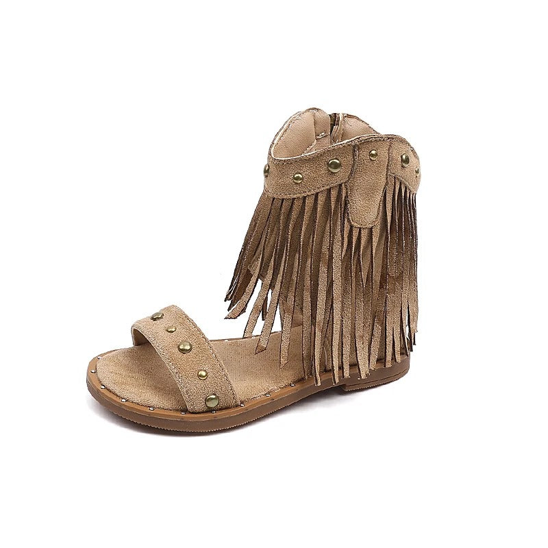 Stylish Fringe Sandals for Women Studded Ankle-Strap Zip-Up