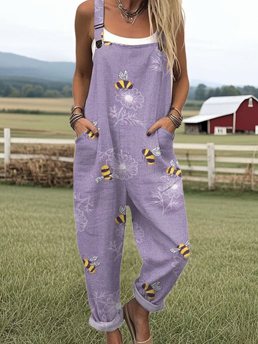 Effortless Overalls Jumpsuit for Women Adjustable-Strap Bee-Print