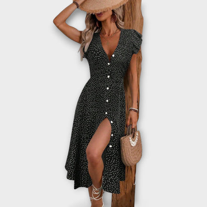 Elegant A-Line Dress for Women Polka-Dot Button-Front Flutter-Sleeve