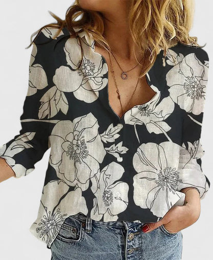 Elegant Blouse for Women Floral-Print Button-Front Long-Sleeve