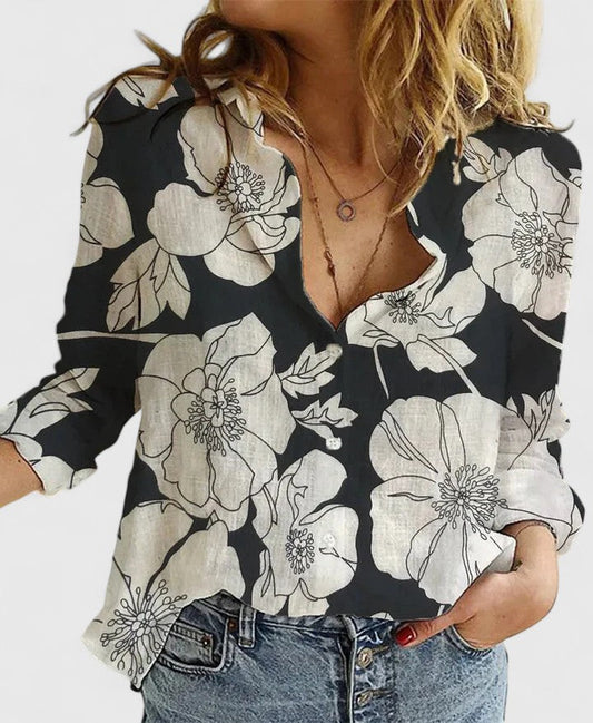 Elegant Blouse for Women Floral-Print Button-Front Long-Sleeve