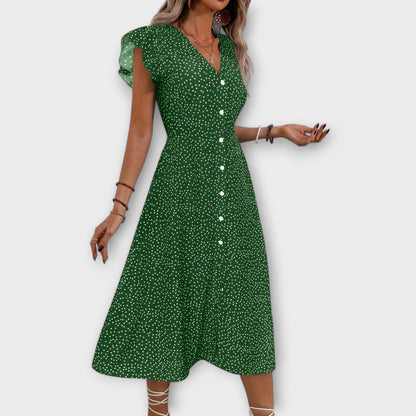 Elegant A-Line Dress for Women Polka-Dot Button-Front Flutter-Sleeve