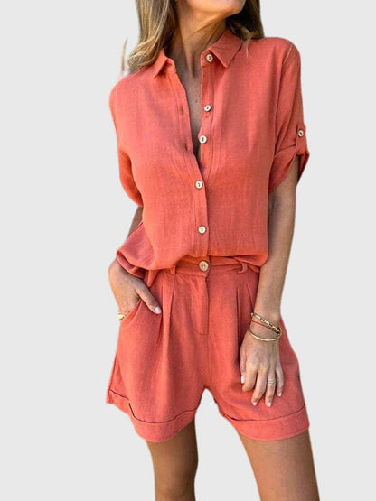 Comfortable Two-Piece Set for Women Button-Front Linen Shorts