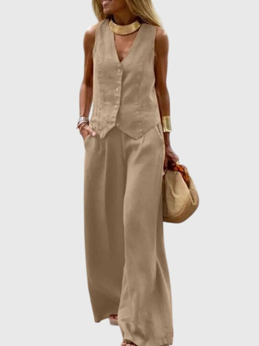 Elegant Two-Piece Set for Women Button-Front Vest Wide-Leg