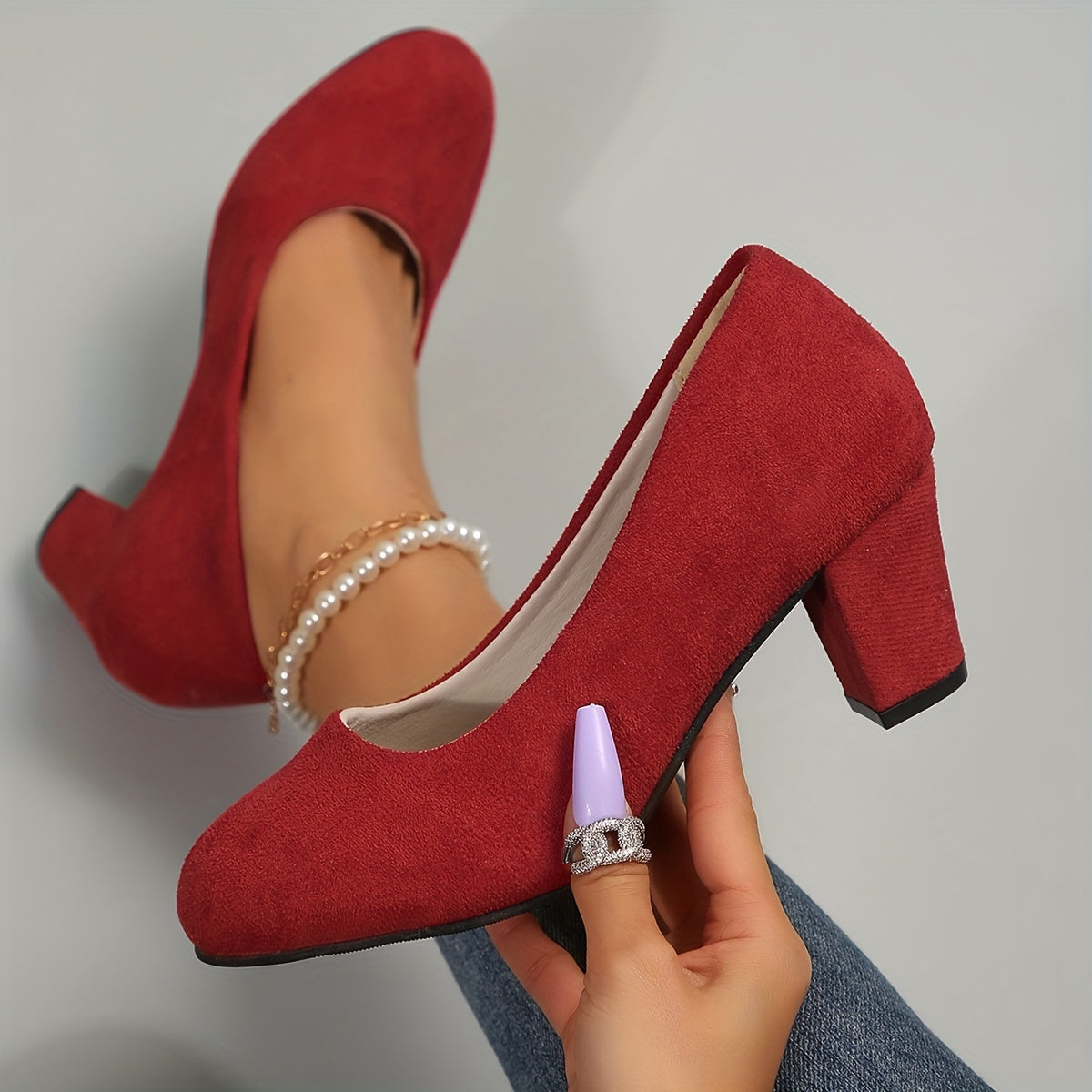 Elegant Pumps for Women Block-Heel Round-Toe Suede