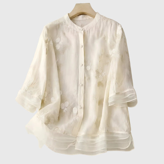 Elegant Blouse for Women Embroidered Ruffle-Sleeve Button-Front
