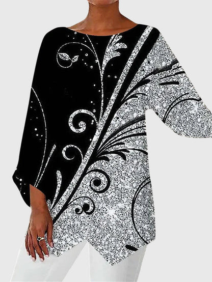 Stylish Blouse for Women Butterfly-Print Batwing-Sleeve Asymmetric-Hem