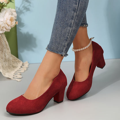 Elegant Pumps for Women Block-Heel Round-Toe Suede