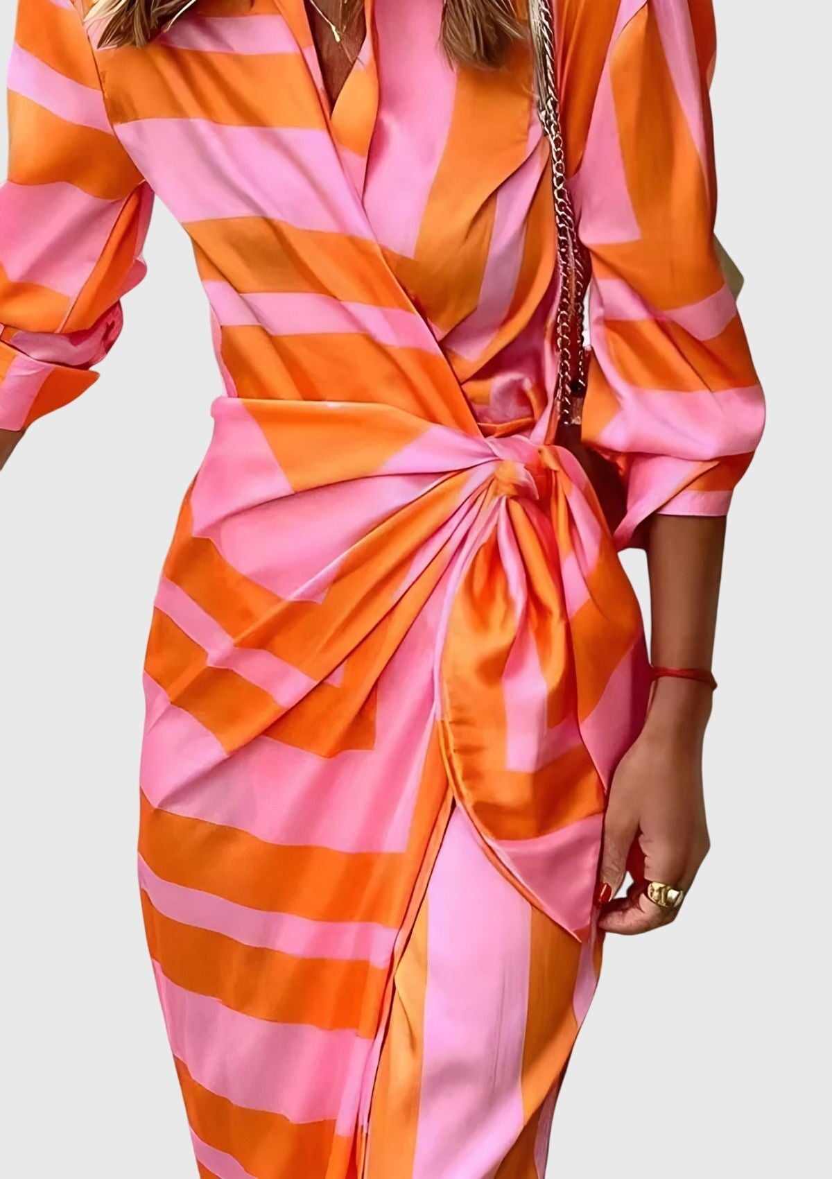 Elegant Wrap Dress for Women Collared Long-Sleeve Geometric-Print