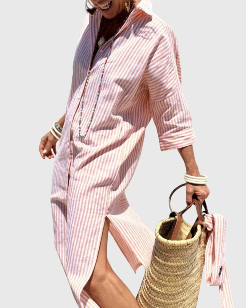 Elegant Shirt Dress for Women Striped Long-Sleeve