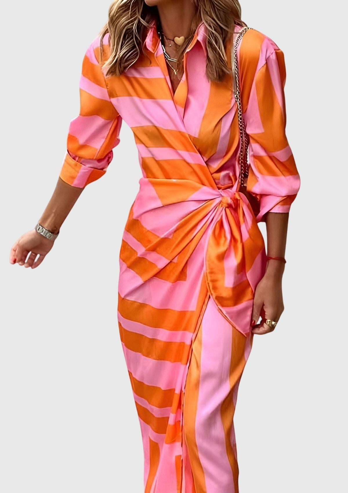 Elegant Wrap Dress for Women Collared Long-Sleeve Geometric-Print