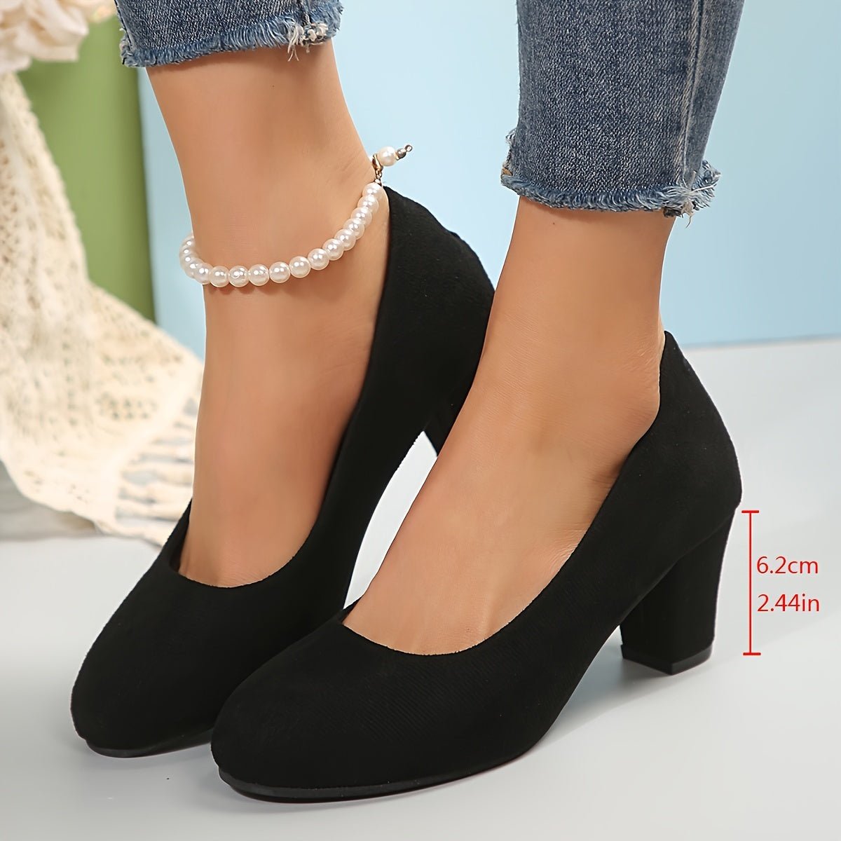 Elegant Pumps for Women Block-Heel Round-Toe Suede