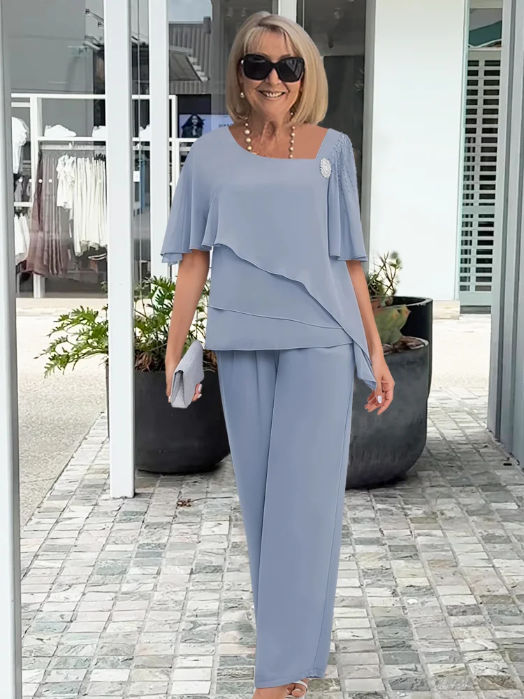 Elegant Two-Piece Set for Women Ruffle-Sleeve Wide-Leg