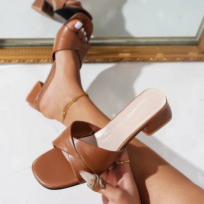 Comfortable Block-Heel Slide Sandals for Women Cross-Strap Square-Toe