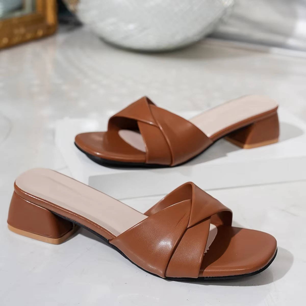 Comfortable Block-Heel Slide Sandals for Women Cross-Strap Square-Toe