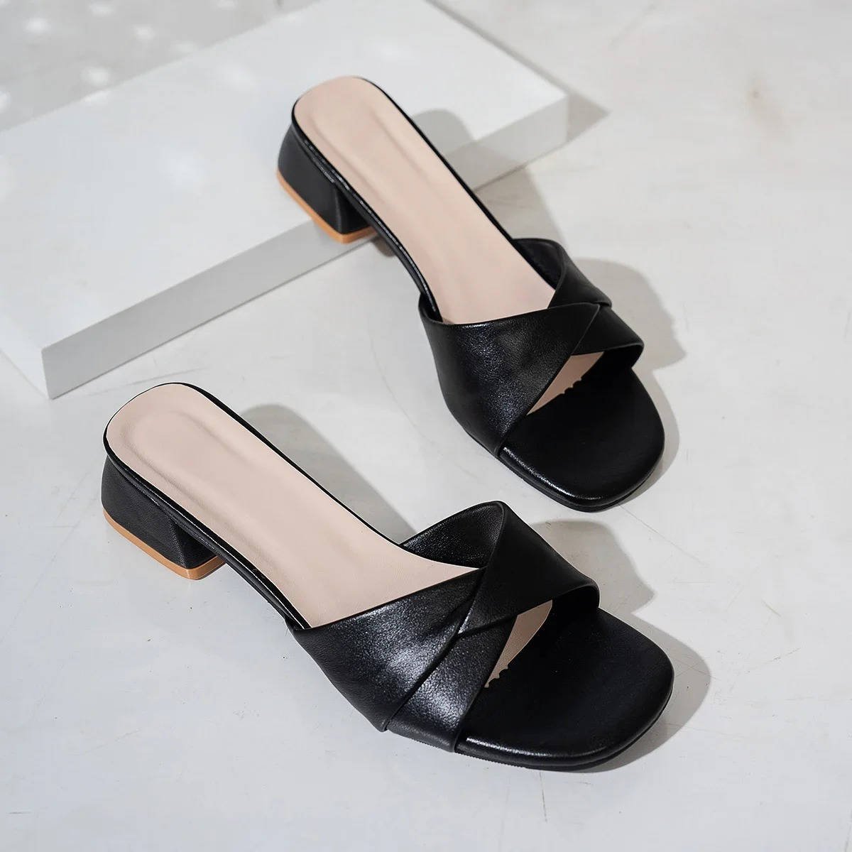 Comfortable Block-Heel Slide Sandals for Women Cross-Strap Square-Toe