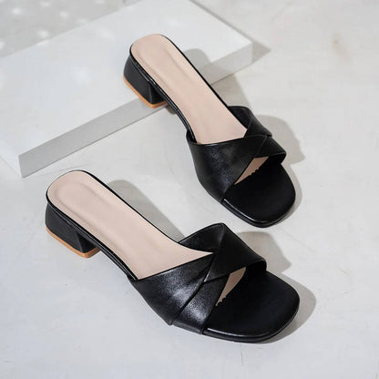 Comfortable Block-Heel Slide Sandals for Women Cross-Strap Square-Toe