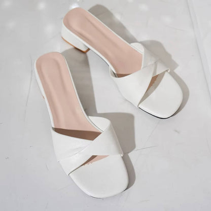 Comfortable Block-Heel Slide Sandals for Women Cross-Strap Square-Toe