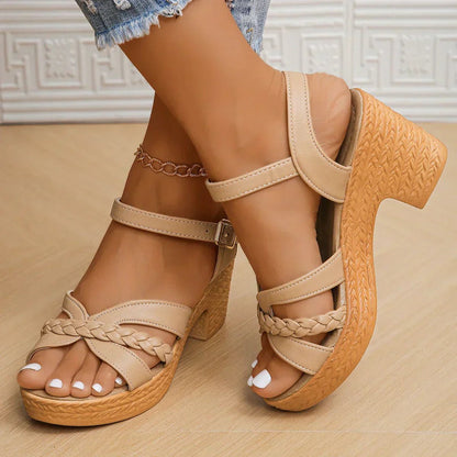 Comfortable Woven Wedge Sandals for Women Cross-Strap Buckle