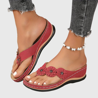 Comfortable Thong Sandals for Women Floral-Appliqué Wedge Slip-On