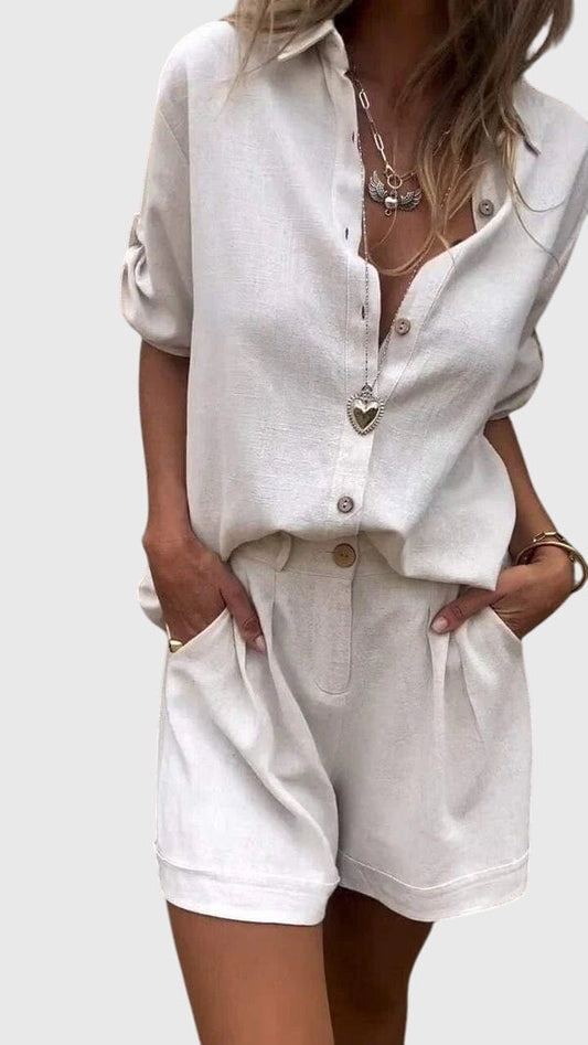 Comfortable Two-Piece Set for Women Button-Front Linen Shorts