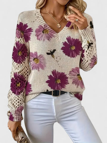 Elegant Pullover Sweater for Women V-Neck Floral-Crochet