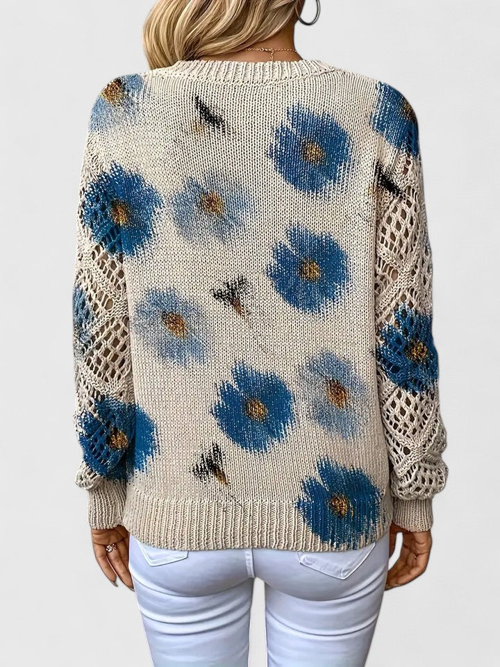 Elegant Pullover Sweater for Women V-Neck Floral-Crochet