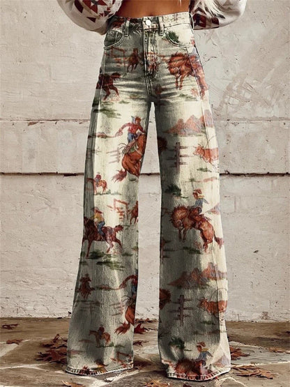 Stylish Relaxed Wide-Leg Jeans for Women High-Waist Western-Print